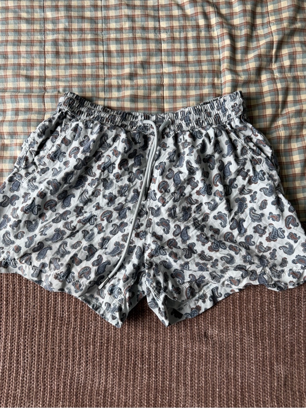 Zara Lightweight White Paisley Drawstring Swim Trunks